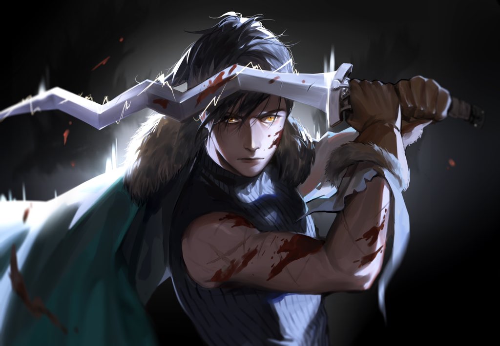 1boy, aqua_cape, arms_up, black_background, blood, blood_on_arm, blood_on_face, blood_on_weapon