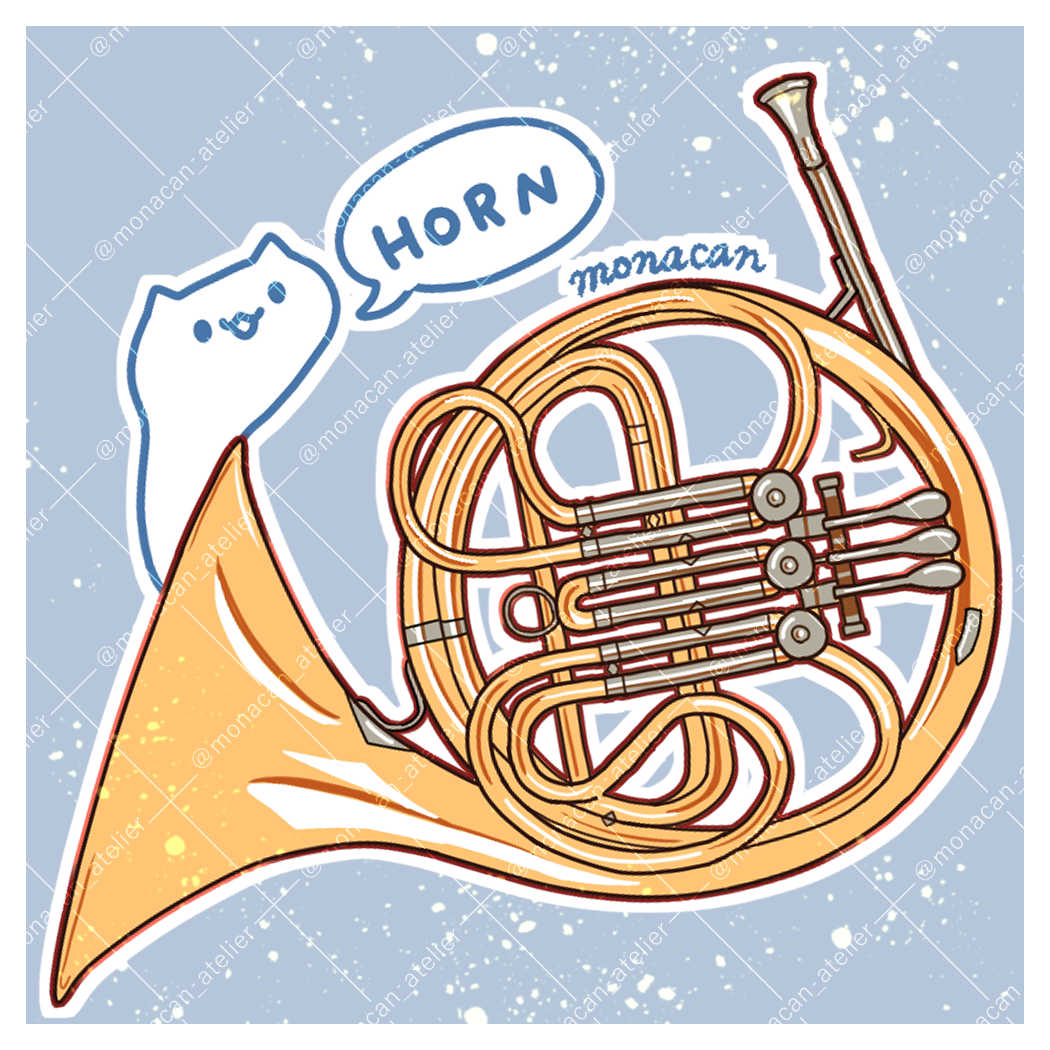 artist_name, blue_background, cat, english_text, french_horn, instrument, monacan_atelier, no_humans