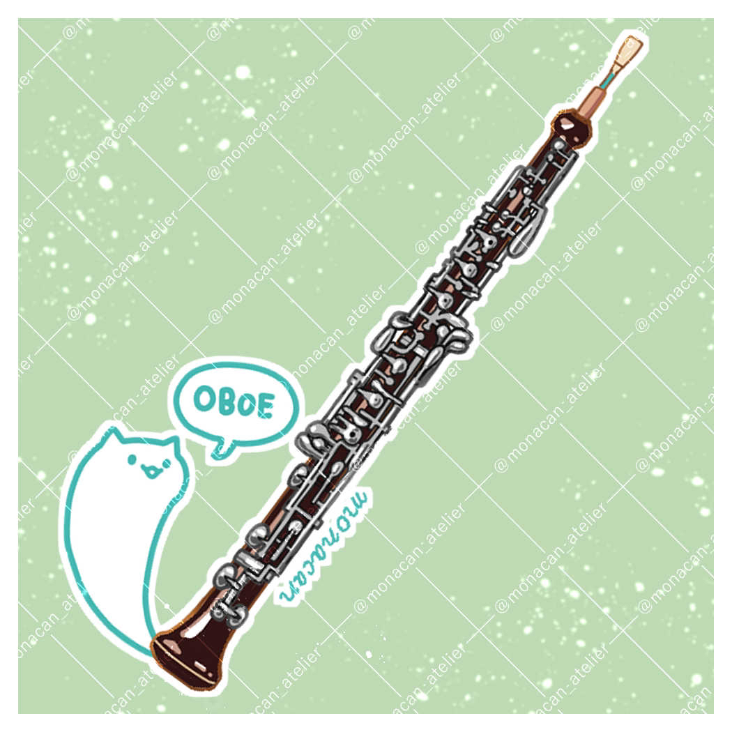 artist_name, cat, english_text, green_background, instrument, monacan_atelier, no_humans, oboe