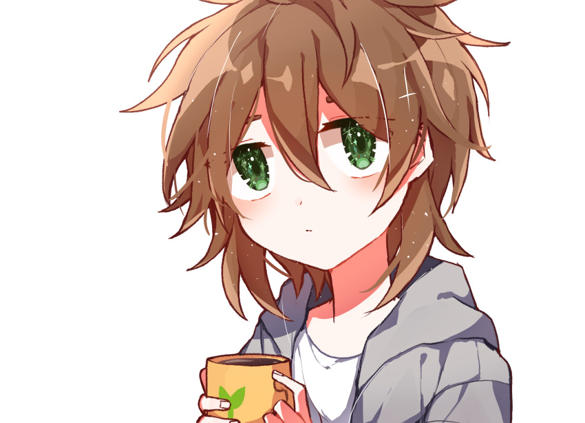 1boy, brown_hair, closed_mouth, commentary_request, cup, expressionless, green_eyes, grey_jacket