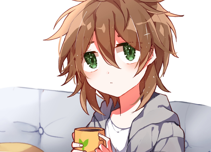 1boy, brown_hair, closed_mouth, commentary_request, cup, expressionless, green_eyes, grey_jacket