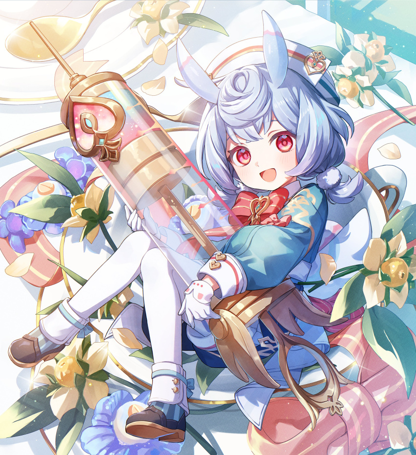 1girl, :d, absurdres, animal_ears, aoiro_oto, black_footwear, blue_dress, blue_hair
