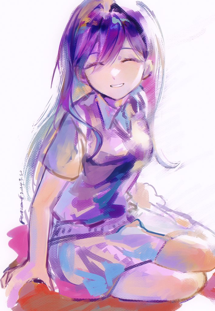 1girl, closed_eyes, collared_shirt, commentary, dated, grin, long_hair, mari_(headspace)_(omori), mari_(omori), omori, parted_lips, patient51311752, purple_hair, purple_sweater_vest, shirt, short_sleeves, sitting, sketch, skirt, smile, solo, sweater_vest, symbol-only_commentary, teeth, white_shirt