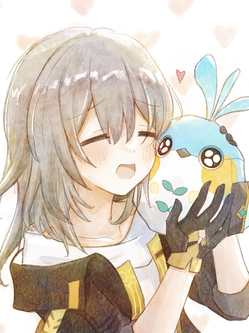 :d, black_coat, black_gloves, black_hairband, closed_eyes, coat, gloves, grey_hair, hair_between_eyes, hairband, happy, heart, highres, honkai:_star_rail, honkai_(series), long_hair, open_clothes, open_coat, origami_bird_(honkai:_star_rail), pesoiroha, shirt, smile, solo, stelle_(honkai:_star_rail), trailblazer_(honkai:_star_rail), upper_body, white_shirt