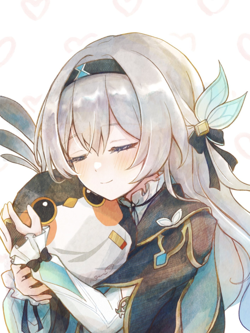 1girl, black_gloves, black_hairband, breasts, closed_eyes, collared_shirt, cropped_jacket, firefly_(honkai:_star_rail)