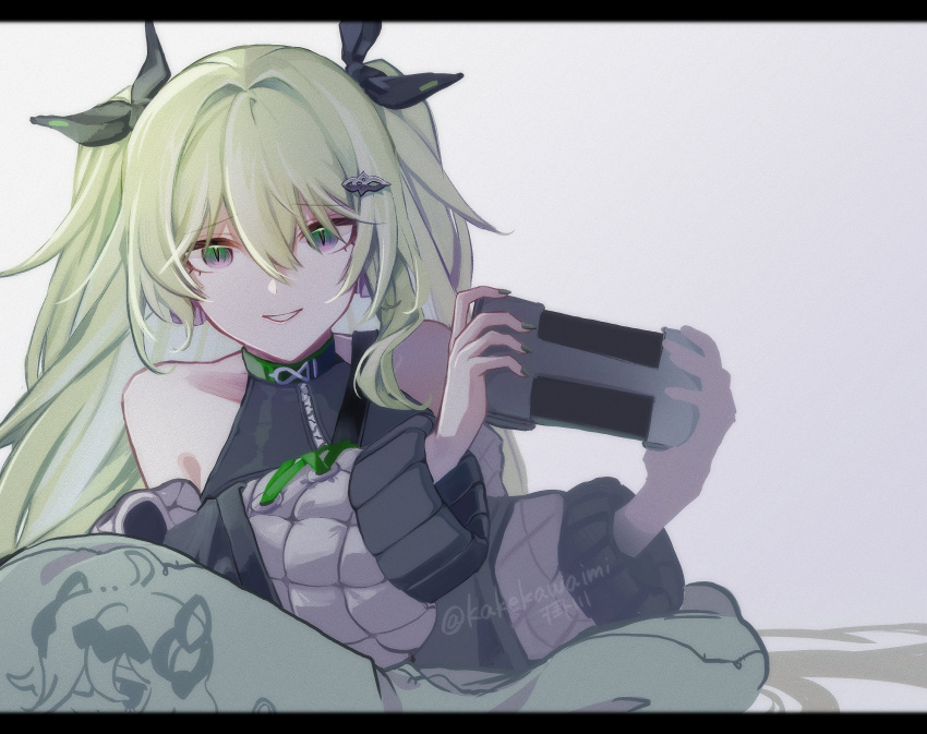 1girl, bare_shoulders, black_ribbon, controller, detached_sleeves, game_controller, green_hair, hair_ornament