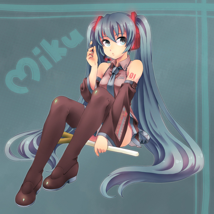 aqua_hair, detached_sleeves, hair_twirling, hatsune_miku, highres, itsuki_(otsugei), legs, long_hair
