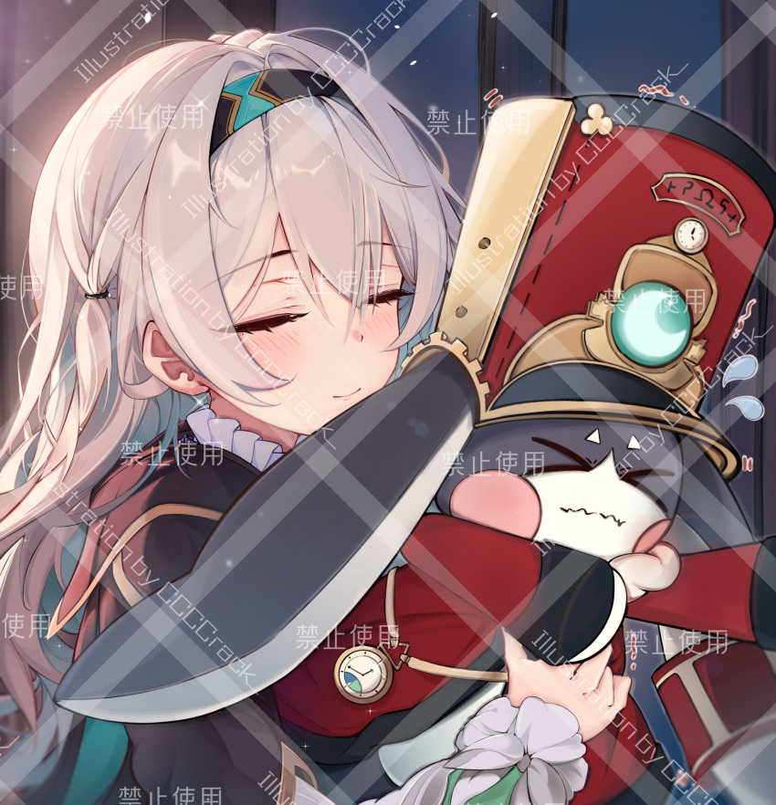 >_<, 1girl, black_hairband, ccccrack, closed_eyes, collared_shirt, cropped_jacket, firefly_(honkai:_star_rail)