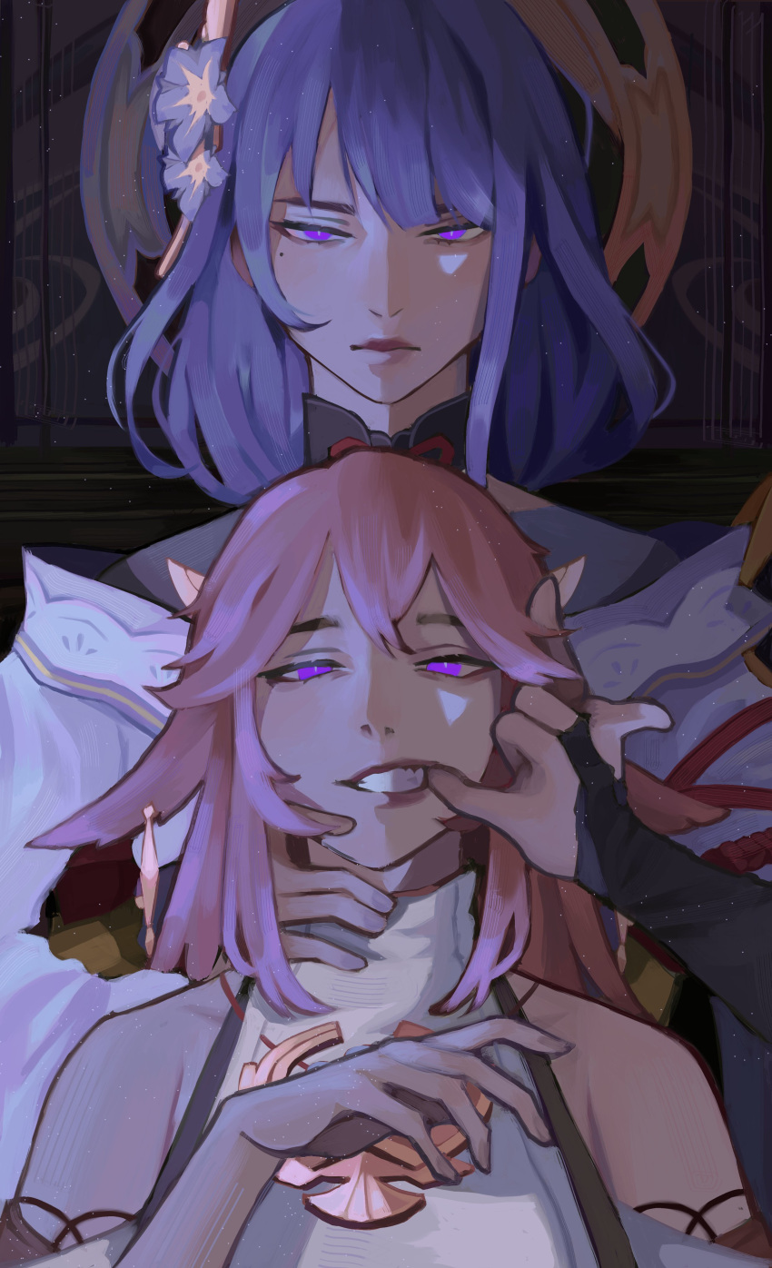 2girls, absurdres, animal_ears, armpit_crease, arms_up, bare_shoulders, behind_another, blunt_bangs, clenched_teeth, closed_mouth, couple, dark_room, earrings, fybeeh, genshin_impact, hair_ornament, hand_in_another's_mouth, hand_on_another's_neck, hand_up, highres, indoors, japanese_clothes, jewelry, long_hair, looking_at_viewer, mitsudomoe_(shape), mole, mole_under_eye, multiple_girls, neck_ribbon, off_shoulder, pendant, pink_hair, purple_hair, raiden_shogun, red_ribbon, ribbon, shade, sitting, standing, teeth, tomoe_(symbol), violet_eyes, yae_miko, yuri