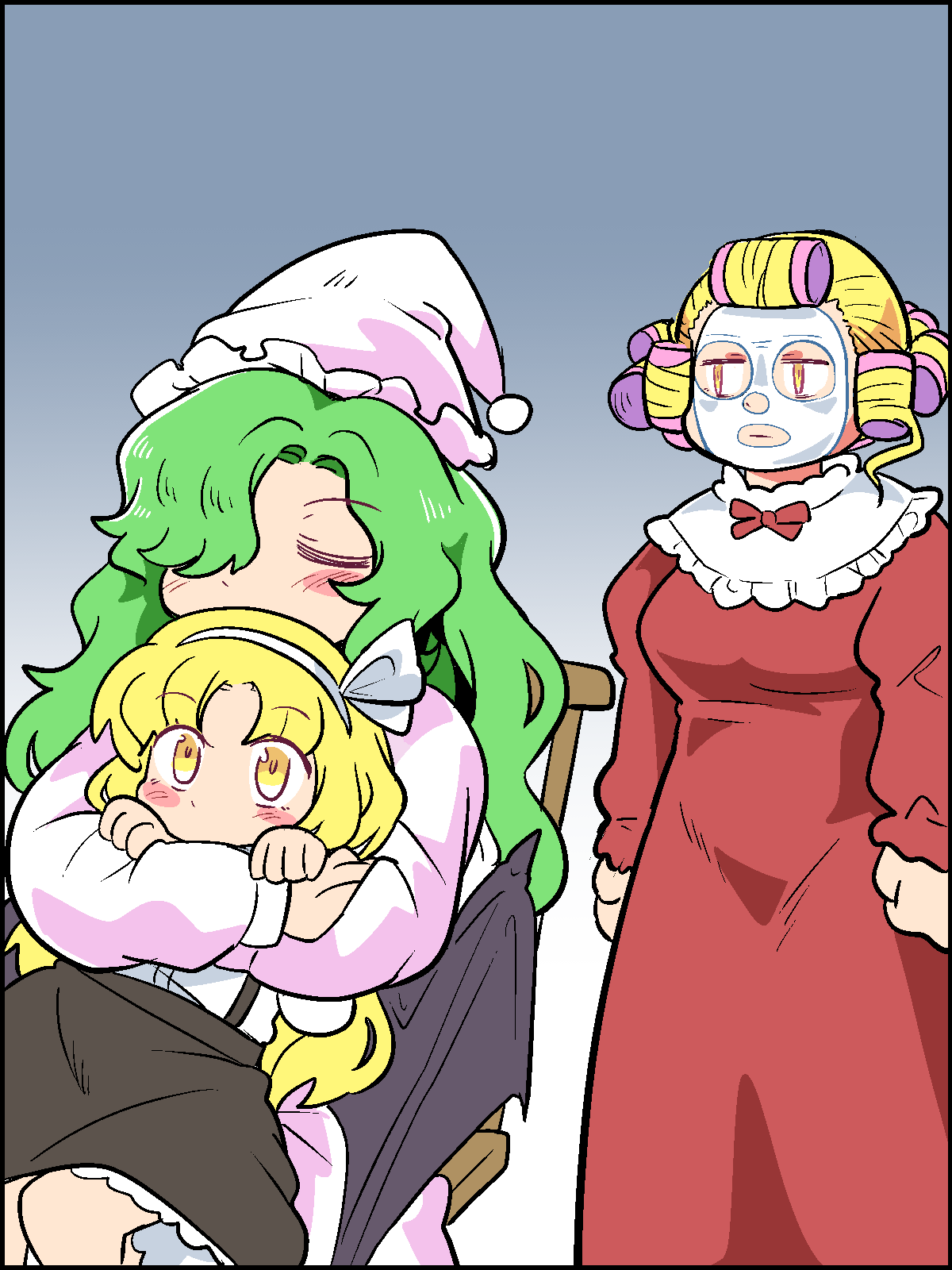 3girls, black_skirt, black_suspenders, blonde_hair, blush, breasts, curly_hair, dress