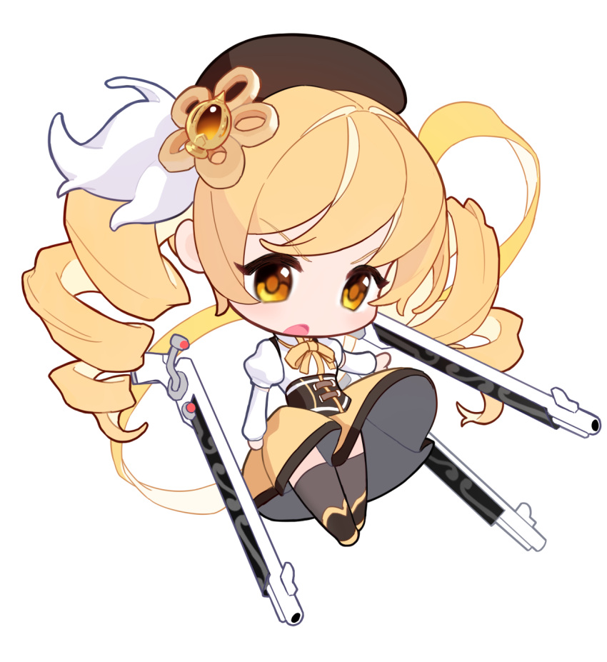 1girl, beret, black_corset, black_footwear, boots, brown_hat, chibi, circle_skirt, collared_shirt, commentary, corset, detached_sleeves, determined, diamond_in_eye, grey_skirt, grey_thighhighs, gun, hair_ornament, hairpin, hat, hat_feather, hentai-faith, high_collar, highres, knee_boots, light_blush, long_sleeves, magical_girl, magical_musket, mahou_shoujo_madoka_magica, mahou_shoujo_madoka_magica_(anime), medium_skirt, neck_ribbon, open_mouth, outstretched_arm, pleated_skirt, puffy_long_sleeves, puffy_short_sleeves, puffy_sleeves, ribbon, shirt, short_sleeves, skirt, solo, soul_gem, thigh-highs, tomoe_mami, transparent_background, two-sided_fabric, two-sided_skirt, v-shaped_eyebrows, weapon, white_shirt, white_sleeves, yellow_eyes, yellow_pupils, yellow_ribbon, yellow_skirt