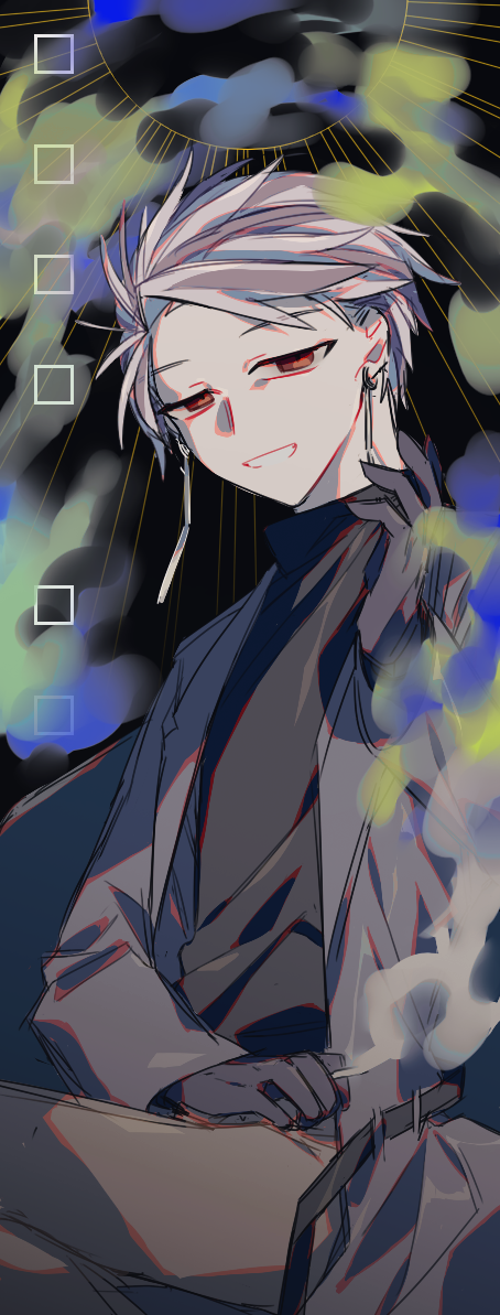1boy, 73_(uiuui8), belt, black_belt, black_gloves, black_sweater, brown_pants, coat, commentary, earrings, gloves, grey_coat, hand_up, jewelry, long_sleeves, male_focus, open_belt, open_clothes, open_coat, pants, purple_hair, red_eyes, saibou_shinkyoku, short_hair, sitting, smile, solo, sweater, theodore_riddle, turtleneck, turtleneck_sweater