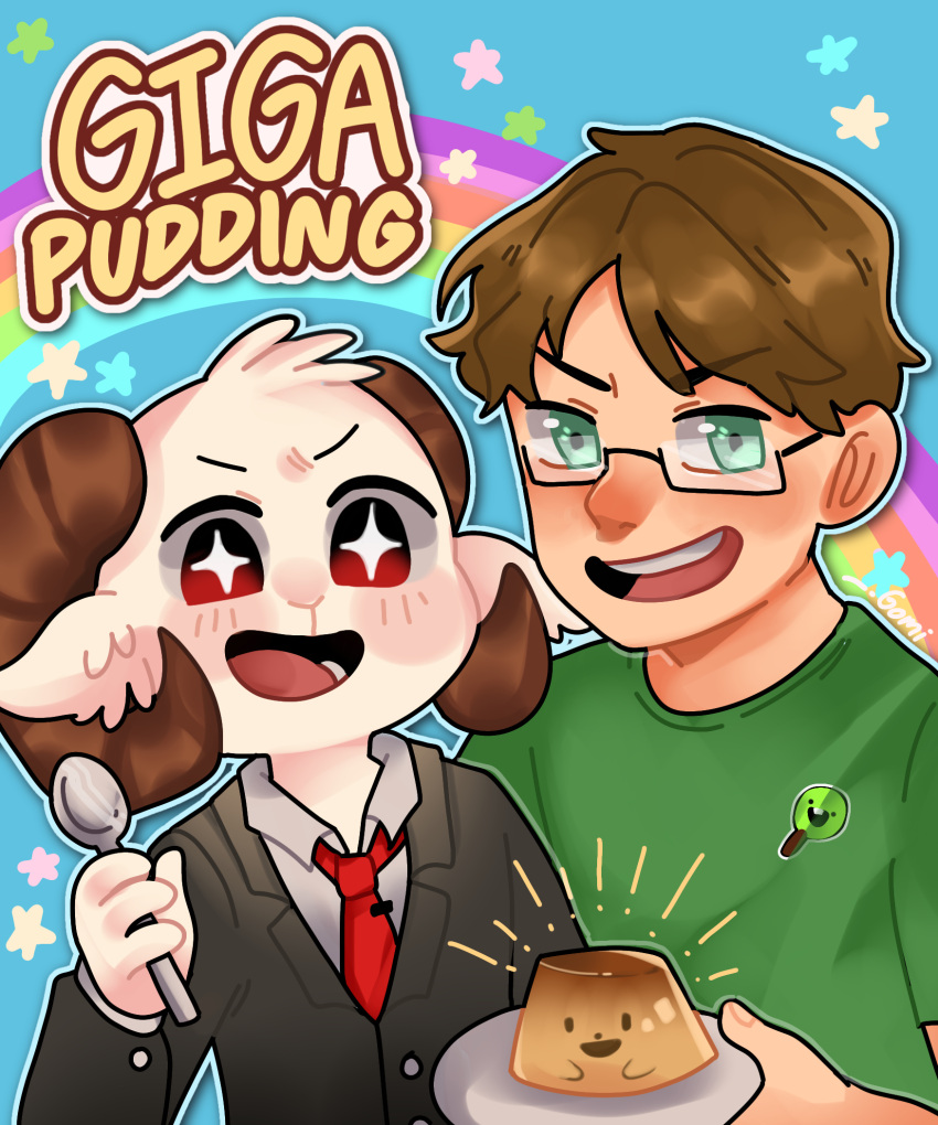 2boys, animal_ears, animification, brown_hair, commentary, english_commentary, english_text, food