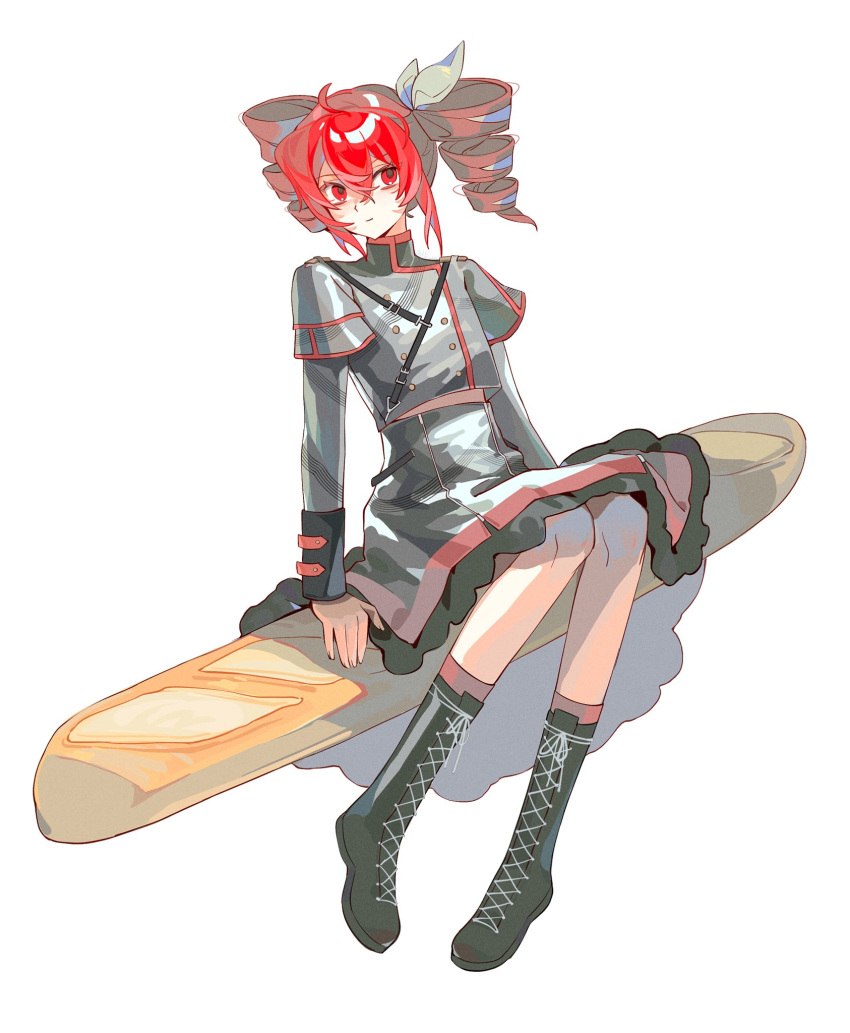 1girl, ahoge, baguette, black_footwear, boots, bow, bread, buttoned_cuffs