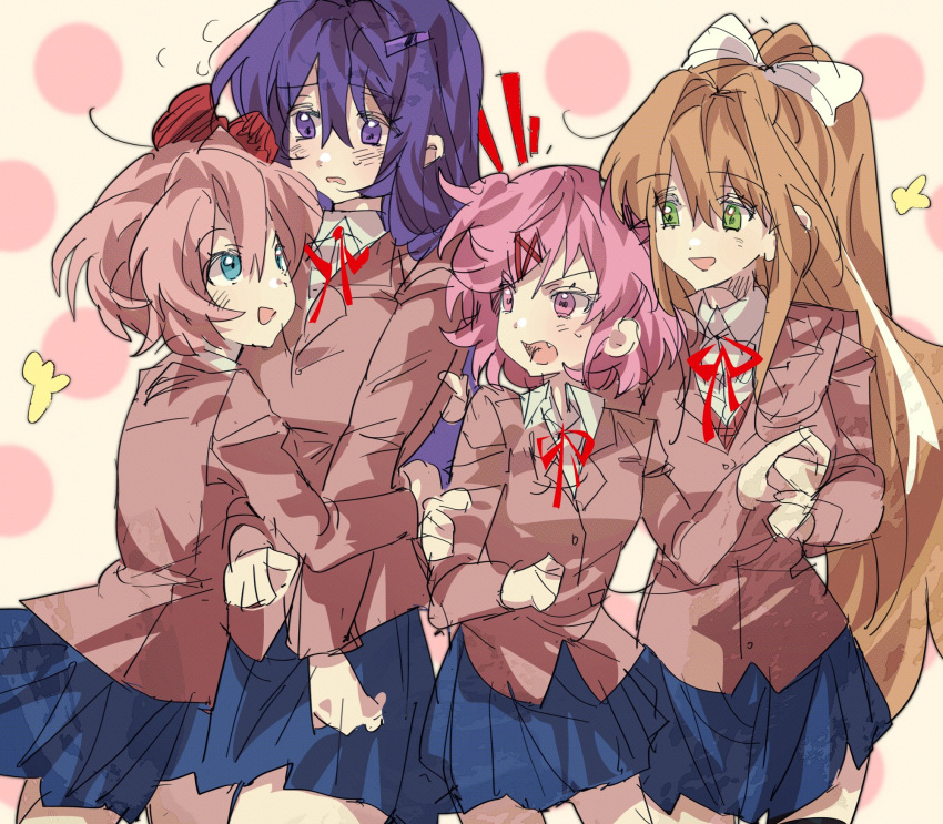 4girls, blue_eyes, blue_skirt, boob0o8, bow, brown_hair, doki_doki_literature_club, fang, green_eyes, hair_bow, hair_ornament, hair_tie, highres, hug, monika_(doki_doki_literature_club), multiple_girls, natsuki_(doki_doki_literature_club), open_mouth, pink_background, pink_eyes, pink_hair, polka_dot, polka_dot_background, purple_hair, sayori_(doki_doki_literature_club), school_uniform, simple_background, skirt, smile, surprise_hug, surprised, violet_eyes, yuri_(doki_doki_literature_club)