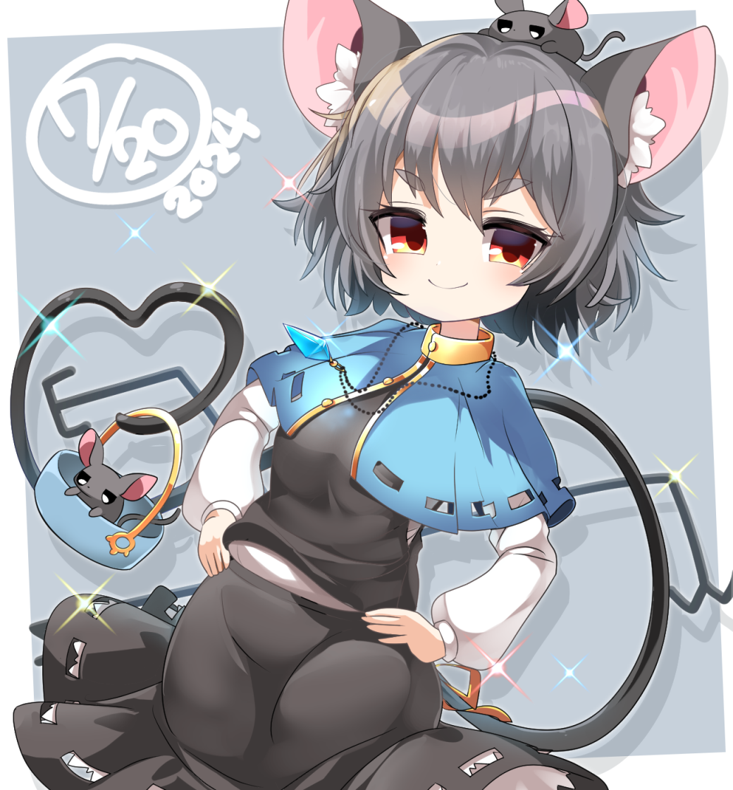 1girl, animal_ear_fluff, animal_ears, animal_on_head, blue_capelet, blush, breasts, capelet