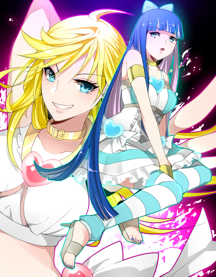 bad_id, blonde_hair, blue_eyes, blue_hair, bow, hair_bow, komekei, leg_warmers