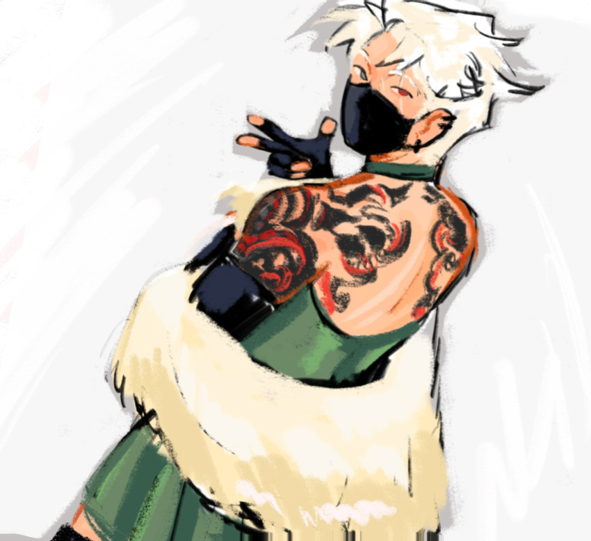 1boy, applestruda, arm_tattoo, back_tattoo, bare_shoulders, black_gloves, black_mask, black_sleeves, choker, commentary, cowboy_shot, crossdressing, detached_sleeves, dress, dutch_angle, earrings, english_commentary, ethoslab, fingerless_gloves, from_behind, gloves, green_choker, green_dress, grey_background, grey_eyes, hermitcraft, heterochromia, highres, jewelry, looking_at_viewer, looking_back, male_focus, mask, minecraft_youtube, miniskirt, mouth_mask, multiple_earrings, pale_background, red_eyes, scar, scar_across_eye, shawl, short_hair, shoulder_tattoo, skirt, solo, tattoo, v, white_hair, white_shawl