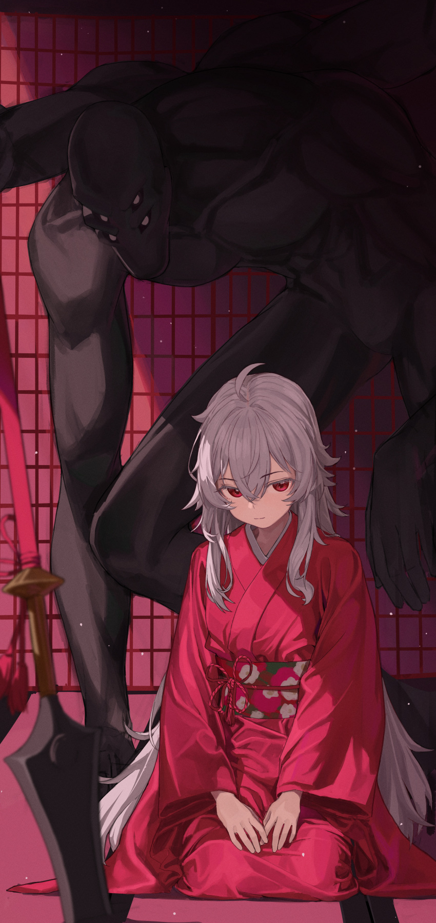1boy, 1girl, absurdres, ahoge, closed_mouth, commentary, grey_hair, haine_(summertime_render)