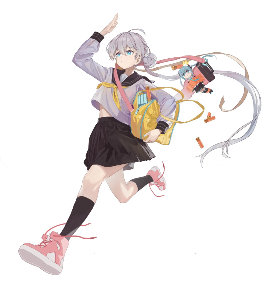 2girls, aqua_eyes, bag, black_skirt, black_socks, chinese_commentary, closed_mouth, commentary_request