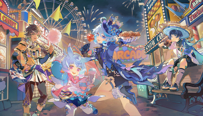 2boys, 2girls, :d, absurdres, ahoge, animal_ears, apron, aqua_bow