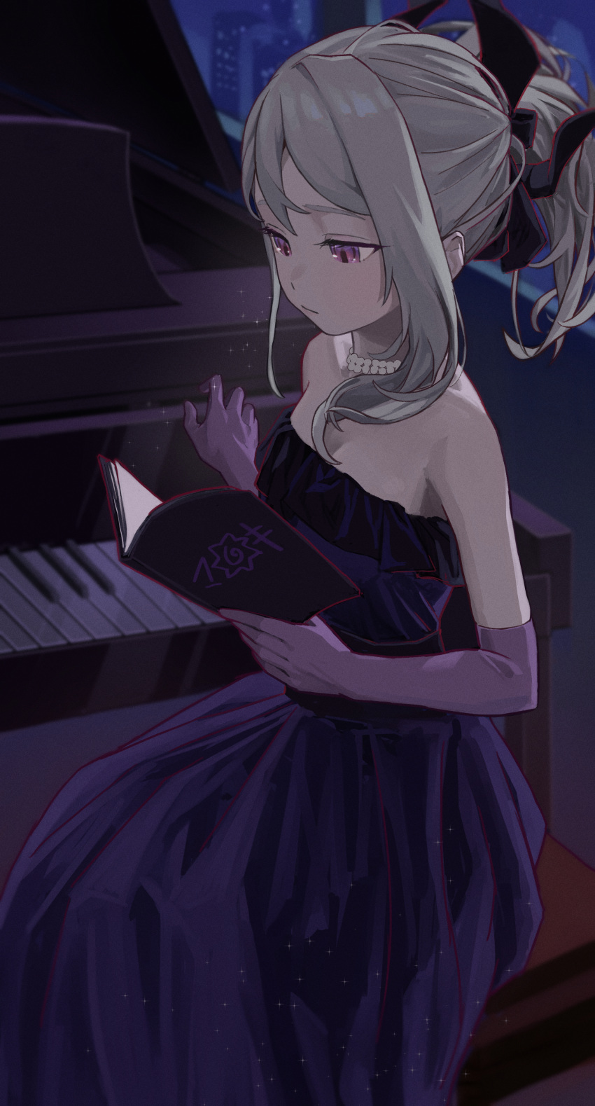 1girl, absurdres, blue_archive, book, closed_mouth, dress, elbow_gloves, gloves