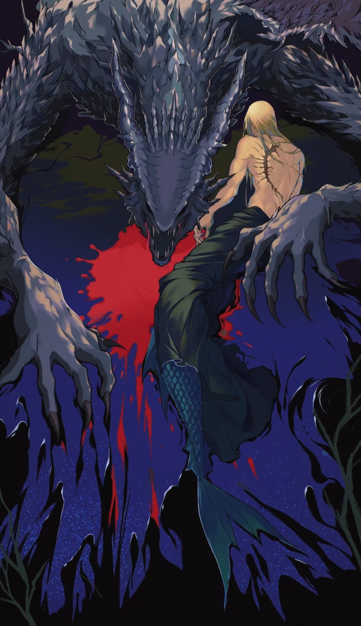 1boy, back, back_tattoo, blonde_hair, blood, dragon, elden_ring, from_behind