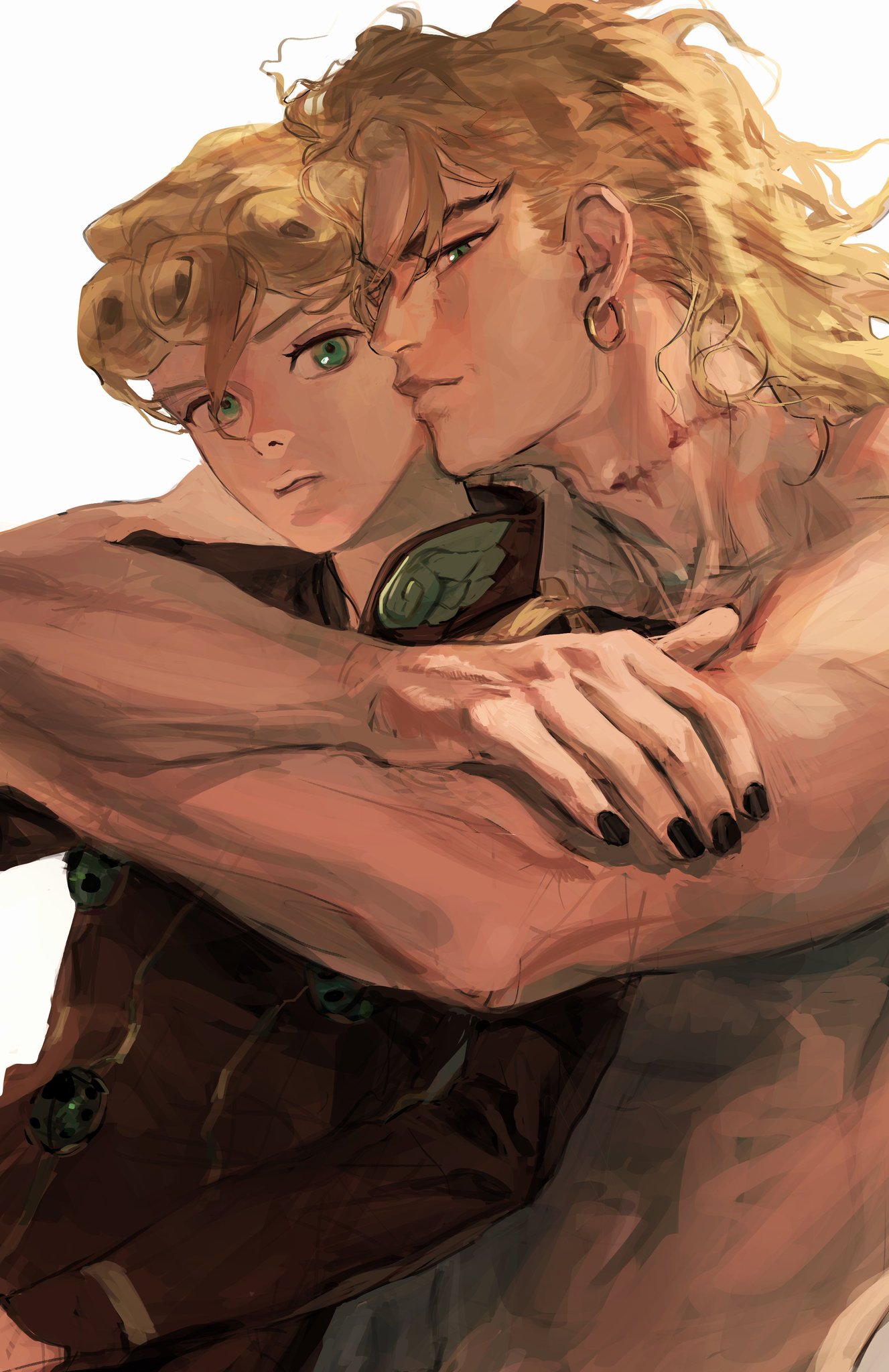 2boys, abs, arms_around_back, arms_up, bare_shoulders, black_jacket, black_nails, blonde_hair, closed_mouth, commentary, crossed_arms, dio_brando, dutch_angle, ear_piercing, earrings, father_and_son, giorno_giovanna, green_eyes, hair_between_eyes, hand_out_of_frame, high_collar, highres, jacket, jewangchobab, jewelry, jojo_no_kimyou_na_bouken, long_hair, long_scar, looking_at_viewer, male_focus, multiple_boys, nail_polish, parted_lips, piercing, scar, scar_on_neck, simple_background, single_earring, stardust_crusaders, symbol-only_commentary, topless_male, upper_body, vento_aureo, white_background
