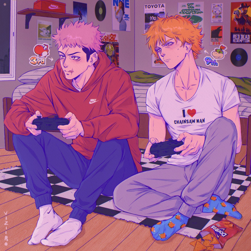 2boys, bed, bedroom, blanket, blue_pants, chainsaw_man, checkered_floor, chips_(food)