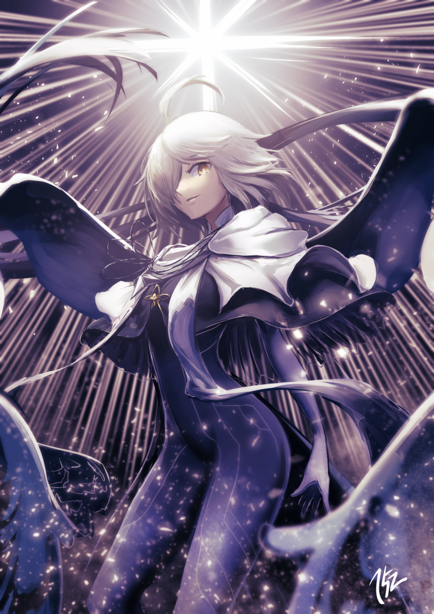 152_in_can, 1other, absurdres, ahoge, blue_bodysuit, blue_capelet, bodysuit, brooch