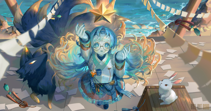 1girl, absurdres, animal, blue_eyes, blue_hair, blue_nails, fox, glasses