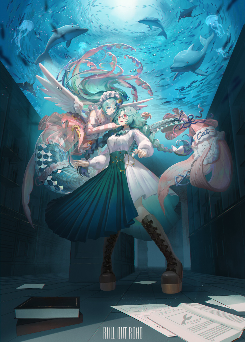 2girls, absurdres, air_bubble, aqua_hair, book, boots, braid, brown_footwear, bubble, cross-laced_footwear, dress, fish, green_hair, hat, highres, jellyfish, lace-up_boots, long_hair, long_sleeves, looking_at_another, mermaid, monster_girl, multiple_girls, open_mouth, original, paper, red_eyes, roll_out_road, shirt, skirt, smile, twin_braids, underwater, very_long_hair, whale, wings