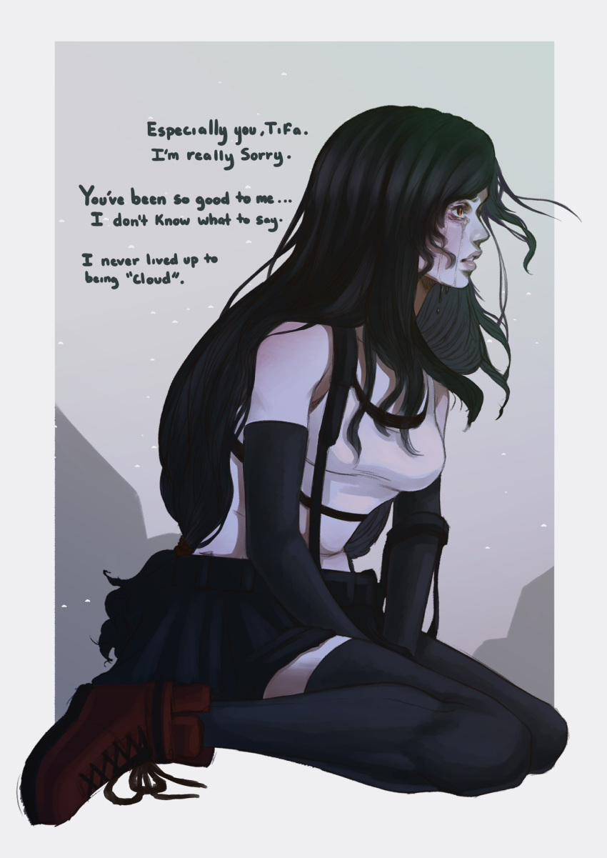 1girl, black_gloves, black_sports_bra, black_thighhighs, boots, border, commentary, crying, crying_with_eyes_open, elbow_gloves, english_commentary, english_text, final_fantasy, final_fantasy_vii, final_fantasy_vii_remake, from_side, gloves, highres, long_hair, looking_ahead, low-tied_long_hair, miniskirt, open_mouth, otterwater23, pink_lips, pleated_skirt, red_eyes, red_footwear, sad, sitting, skirt, solo, sports_bra, streaming_tears, tank_top, tears, thigh-highs, tifa_lockhart, wariza, white_border, white_tank_top, zettai_ryouiki