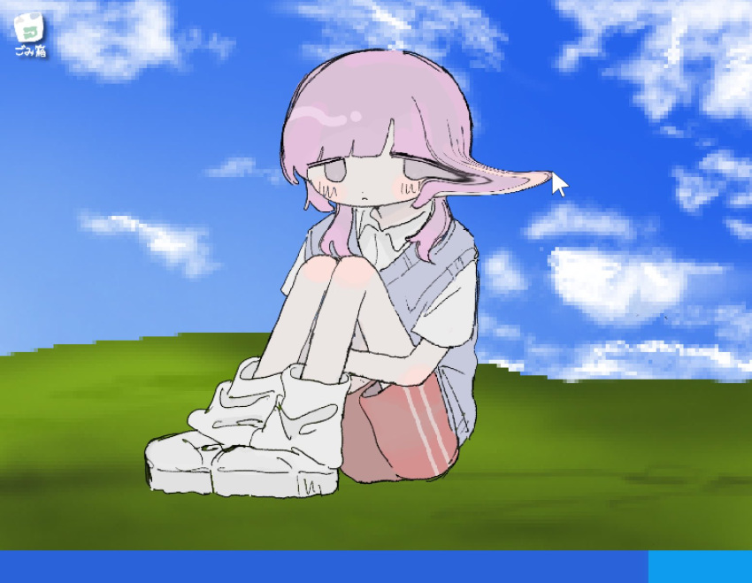 1girl, bliss_(image), blush, closed_mouth, cursor, distortion, full_body, grey_sweater_vest