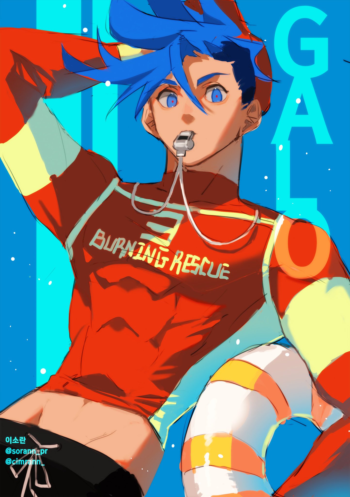 abs, arm_up, baseball_cap, black_pants, blowing_whistle, blue_background, blue_eyes, blue_hair