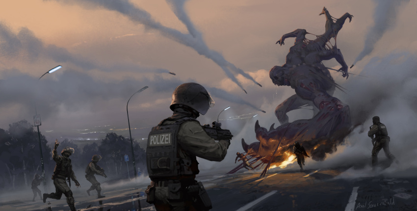 6+boys, axelsauerwald, battle, bulletproof_vest, bullpup, extra_arms, fire, german_text, giant, giant_monster, gun, helmet, highres, horror_(theme), missile, monster, multiple_boys, original, police, police_uniform, policeman, rifle, road, road_sign, sign, uniform, weapon