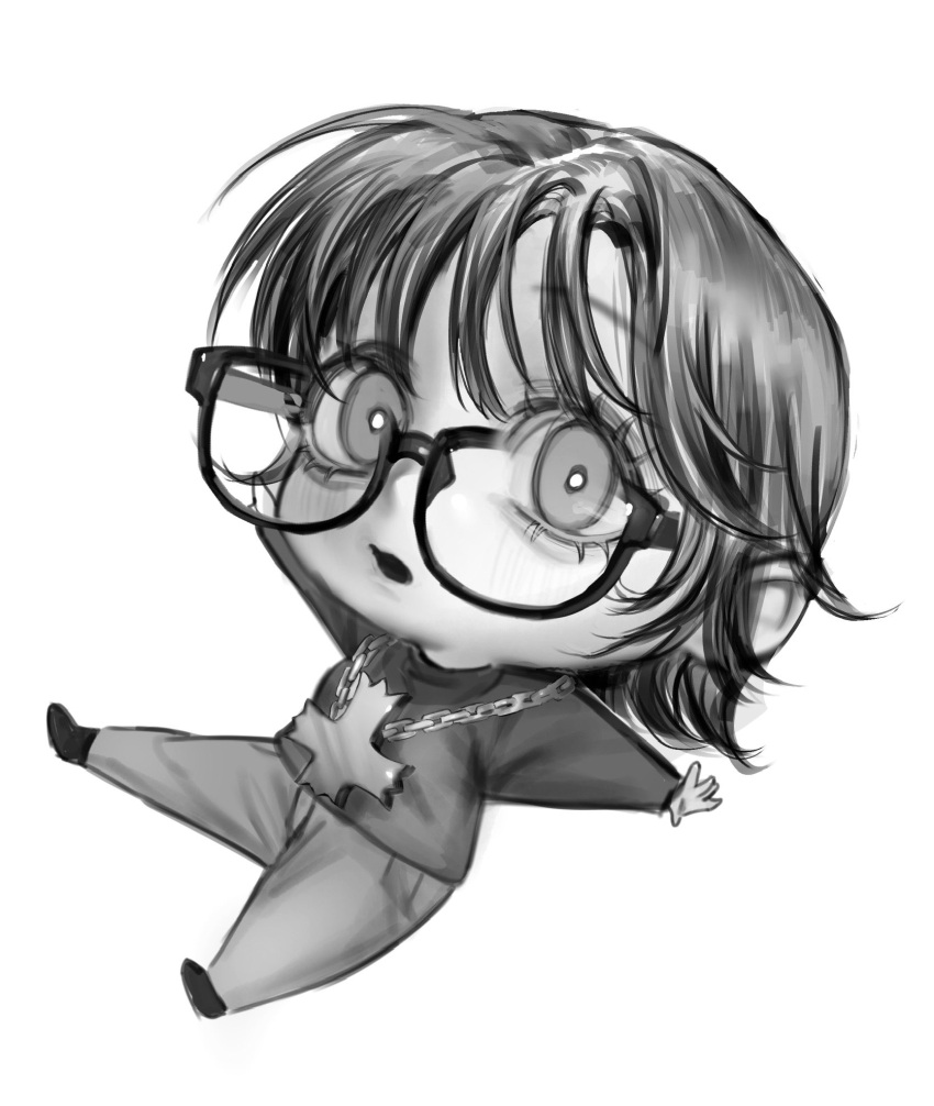 1girl, :o, black_sweater, chibi, cross, cross_necklace, full_body, greyscale, highres, hunter_x_hunter, jewelry, monochrome, necklace, open_mouth, outstretched_arms, pants, rectangular_eyewear, shiho_m429, shizuku_murasaki, short_hair, simple_background, solo, sweater, white_background