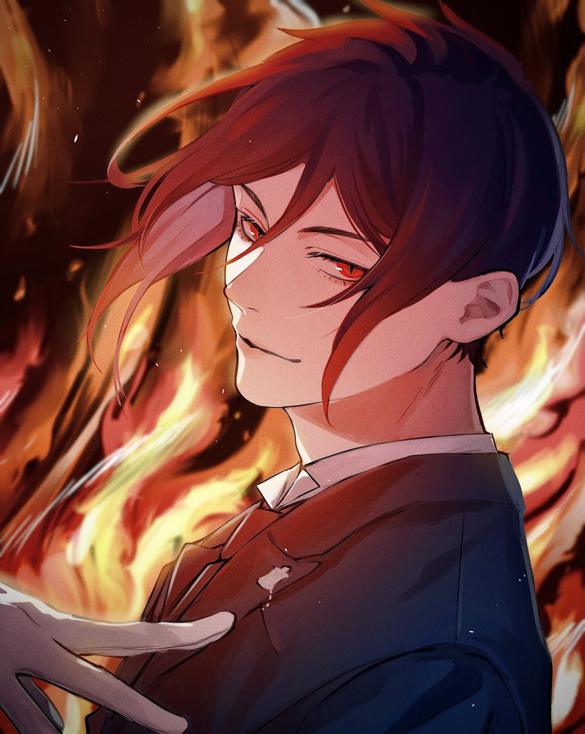 1boy, black_hair, black_jacket, black_necktie, closed_mouth, collared_shirt, fire, hair_between_eyes, hand_on_own_chest, hand_up, highres, jacket, kuroshitsuji, light_smile, looking_at_viewer, male_focus, necktie, rau_820, red_eyes, sebastian_michaelis, shirt, slit_pupils, solo, three_quarter_profile, undershirt, upper_body, white_shirt