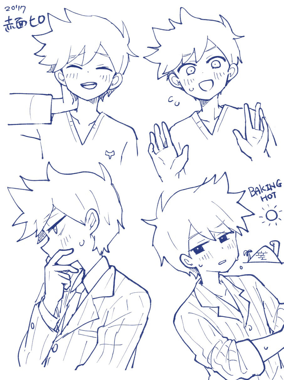 3boys, antenna_hair, blush, bossman_hero, doroidsan, greyscale, hero_(faraway)_(omori), hero_(headspace)_(omori)