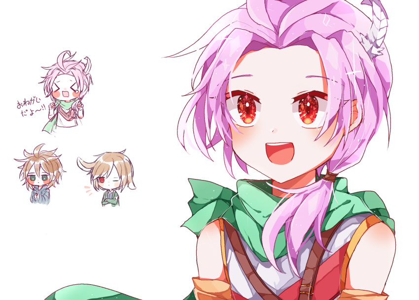 >_<, 3boys, ahoge, brown_hair, closed_mouth, detached_sleeves, dita_iliner, feather_hair_ornament