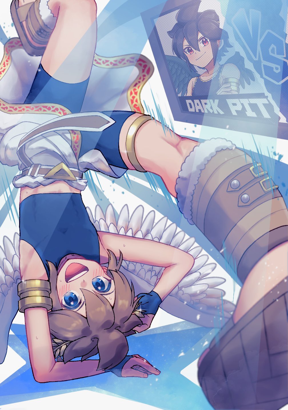 angel, angel_wings, bike_shorts, black_hair, blue_eyes, brown_hair, collarbone, dark_pit