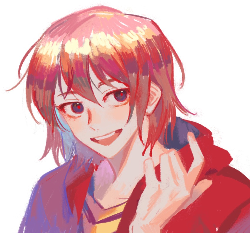 1boy, black_eyes, bright_pupils, brown_hair, hair_between_eyes, hand_up, highres, hood