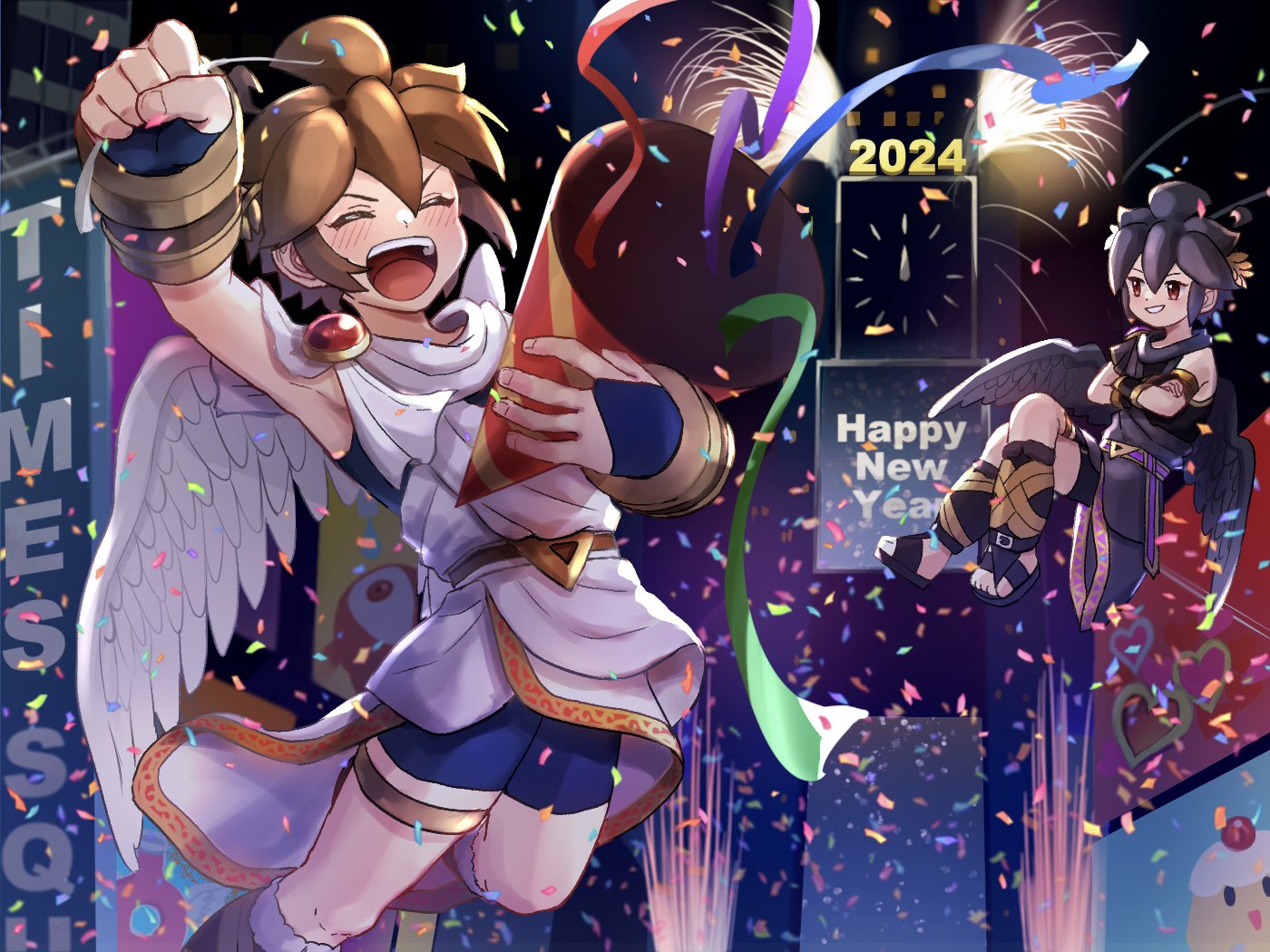 2024, 2boys, ahoge, angel, angel_wings, black_hair, black_wings, brown_hair