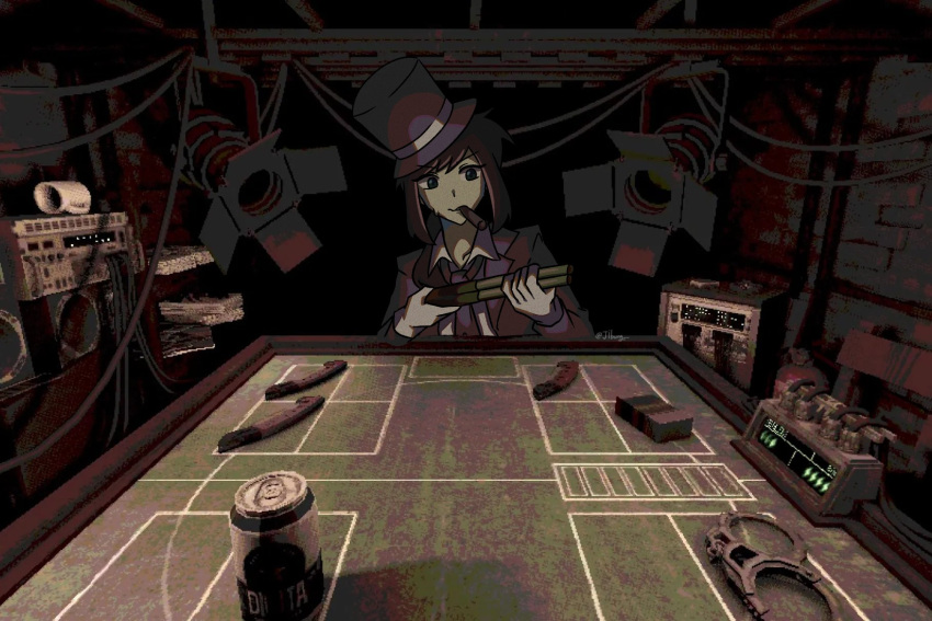 1girl, a_hat_in_time, aged_up, beer_can, blue_eyes, brick_wall, brown_hair, buckshot_roulette