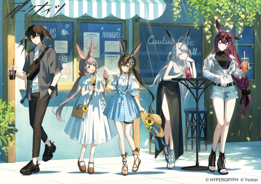1boy, 4girls, amiya_(arknights), animal_ear_piercing, animal_ears, arknights, awning, ayerscarpe_(arknights)