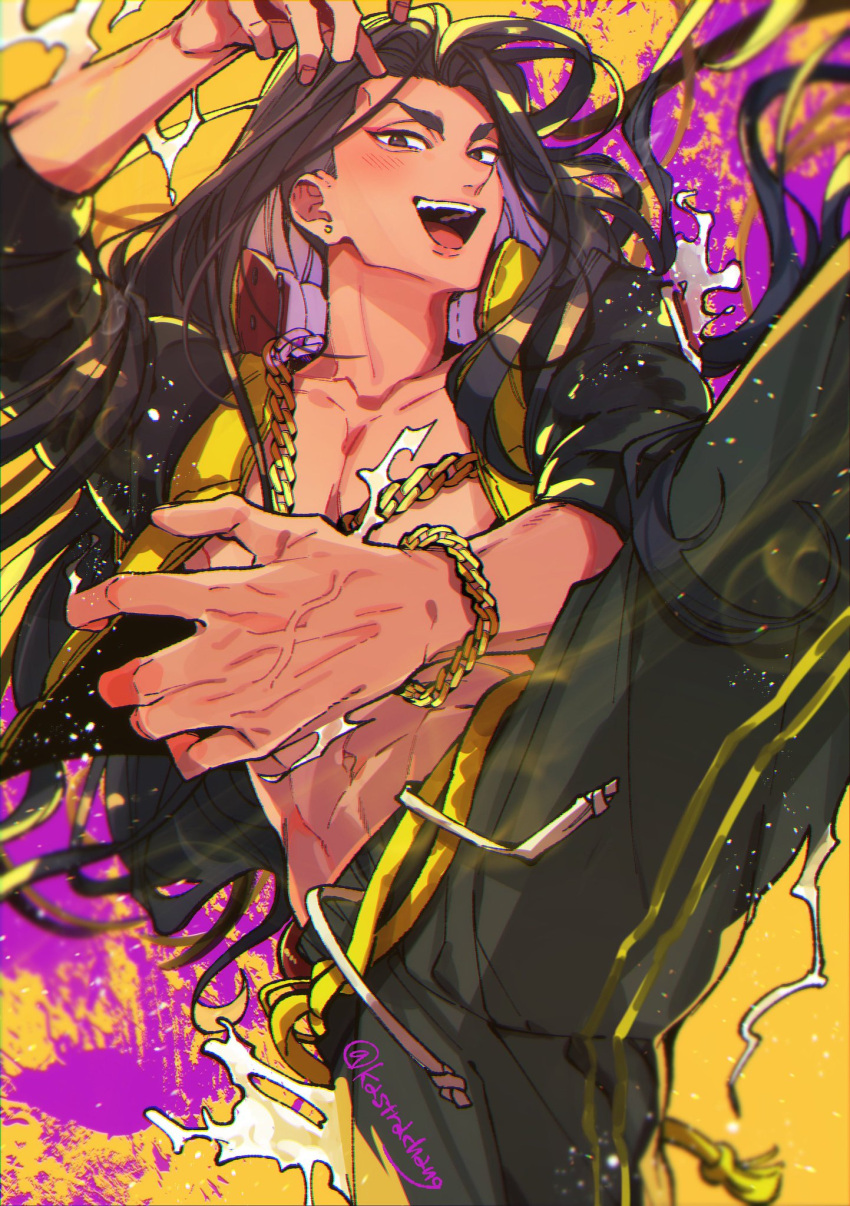 1boy, abs, alternate_costume, arm_up, black_hair, black_jacket, black_pants, blush, bracelet, brown_eyes, chain, chain_necklace, collarbone, collared_jacket, commentary, cropped_legs, dark-skinned_male, dark_skin, drawstring, dutch_angle, ear_piercing, earrings, eyeliner, fighting_stance, gold_bracelet, gold_chain, gold_trim, groin, hair_down, hands_up, high_collar, highres, jacket, jamie_siu, jewelry, kastrachang, long_hair, looking_at_viewer, makeup, male_focus, necklace, open_clothes, open_jacket, open_mouth, pants, pectorals, piercing, single_bracelet, single_earring, solo, street_fighter, street_fighter_6, striped_clothes, striped_pants, teeth, tongue, twitter_username, upper_teeth_only, veins, veiny_hands