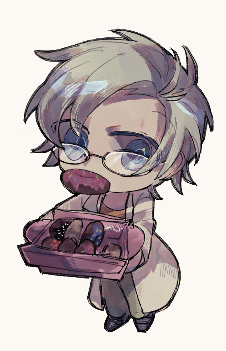 1boy, 73_(uiuui8), black_footwear, blue_eyes, box, commentary_request, deformed, doughnut
