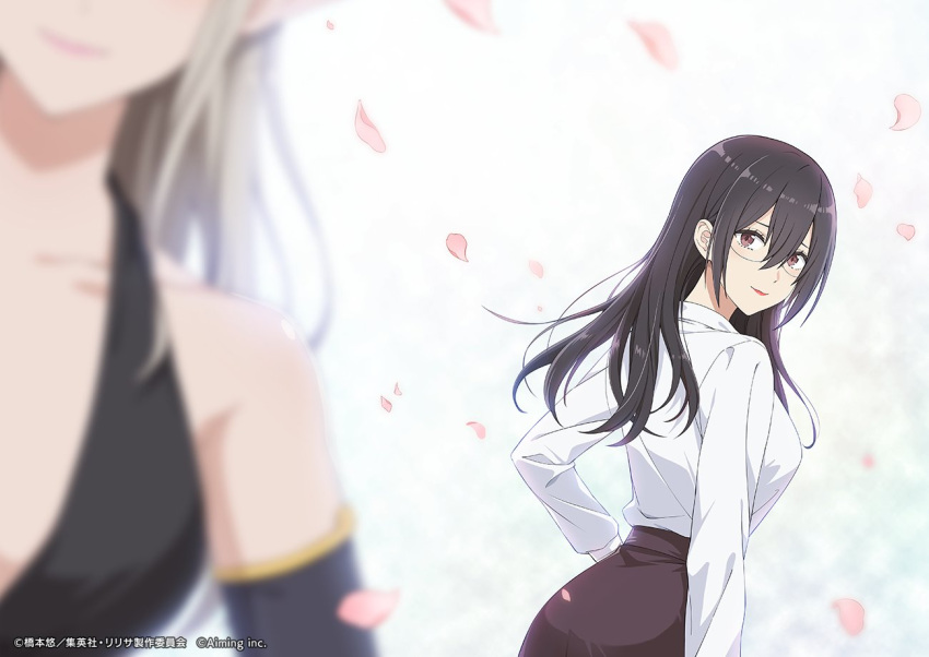 2.5_jigen_no_ririsa, 2.5_jigen_no_ririsa_tenshitachi_no_stage, 2girls, arm_at_side, black_dress, black_hair, black_skirt, blurry, blurry_foreground, brown_eyes, collared_shirt, commentary_request, copyright_notice, dress, dutch_angle, falling_petals, glasses, hair_between_eyes, hand_on_own_hip, hanyuu_mayuri, lipstick, long_hair, long_sleeves, looking_at_viewer, looking_back, makeup, multiple_girls, official_art, pencil_skirt, petals, plunging_neckline, second-party_source, semi-rimless_eyewear, shirt, sidelocks, skirt, smile, under-rim_eyewear, white_background, white_shirt