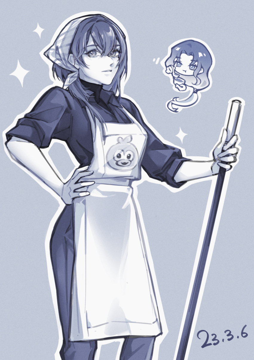 2girls, absurdres, angell_(path_to_nowhere), apron, bowl, broom, checkered_hairband, chief_(path_to_nowhere), chinese_commentary, collared_shirt, commentary, cowboy_shot, ducky_(path_to_nowhere), eating, female_chief_(path_to_nowhere), gradient_hair, hair_between_eyes, hairband, hand_on_own_hip, highres, holding, holding_bowl, holding_broom, holding_spoon, monochrome, multicolored_hair, multiple_girls, outline, pants, parted_bangs, path_to_nowhere, print_apron, shirt, sideways_glance, simple_background, sleeves_rolled_up, solo_focus, spoon, undershirt, wubeinai_miao_shiye