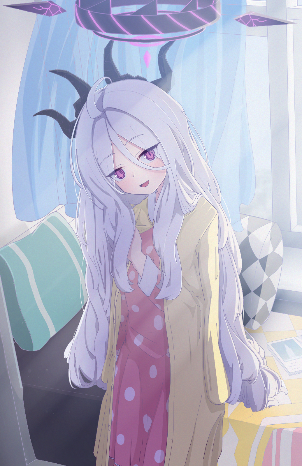 1girl, :d, ahoge, bed, bed_sheet, bedroom, blanket, blue_archive